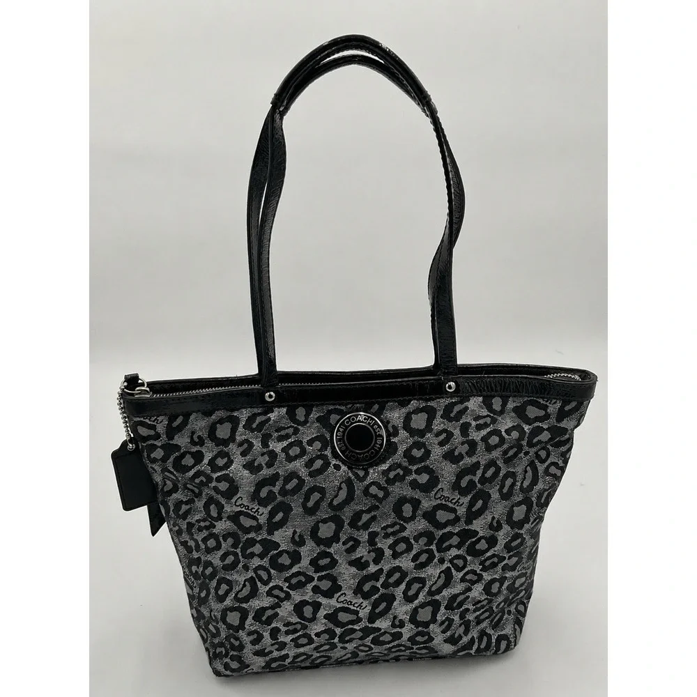Coach F21061 Metallic Silver Black Gray Ocelot Animal Print Tote Bag Patent Trim